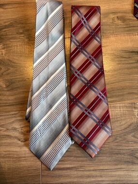 Kenneth Cole Silver Gray Striped Tie & Burgundy Plaid Tie